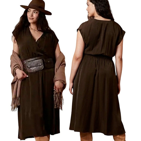 Banana Republic SS Shiny Satin Sheen Twill Wrap Burnt Umber Brown Midi Dress S - Picture 10 of 16